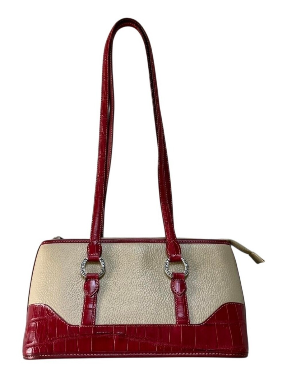 Vintage Brighton Cream & Red Croc Pebbled Leather Shoulder Bag Silver Hardware